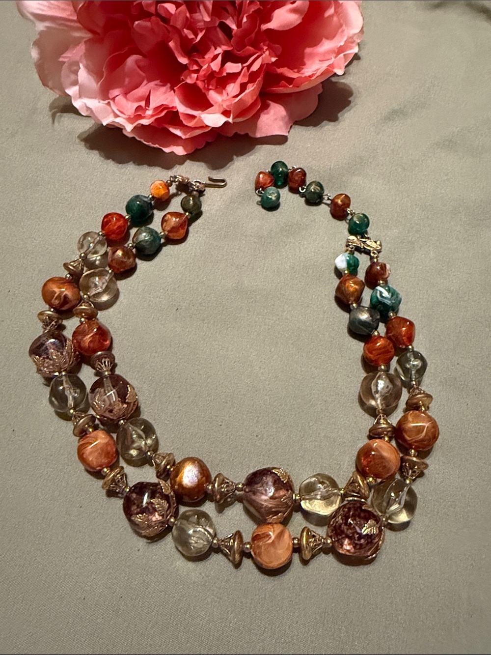 Vintage Double Strand Bead Choker Necklace with Gold tone Leaf Accents